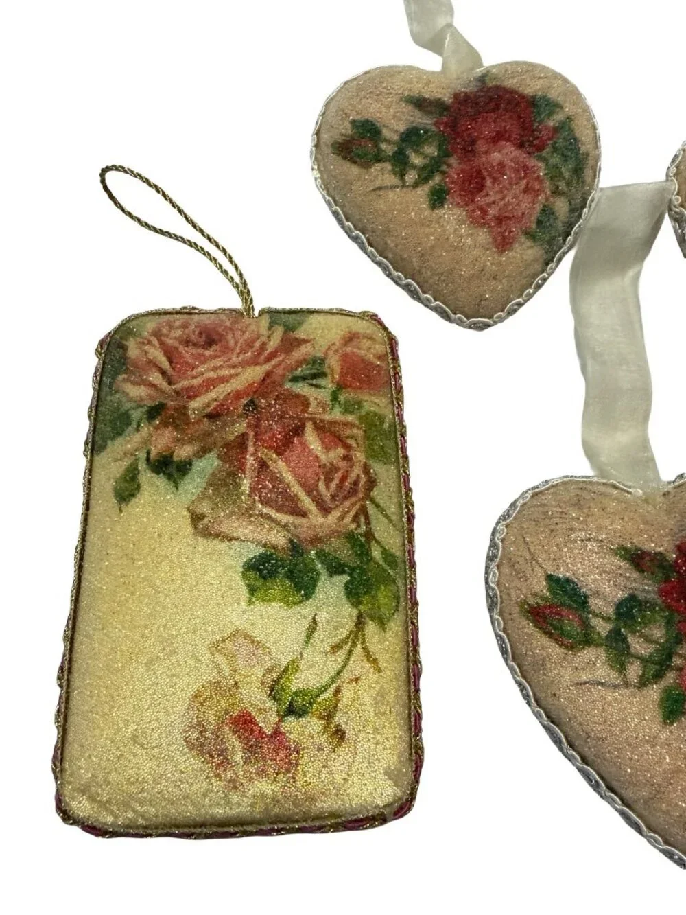 Vintage Papier Mache Rose Christmas Ornaments Set of 6 Victorian Postcard Hearts